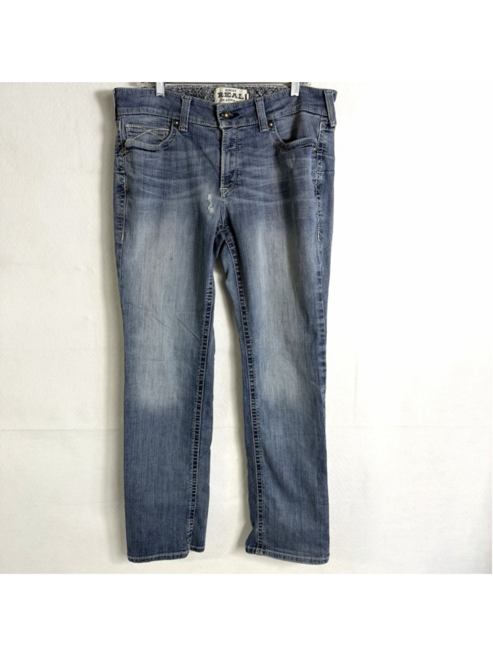 Ariat Jeans Womens 33 L Real Denim Straight Leg Stretch Blue Distressed Western